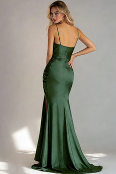 Dark Green Mermaid Ruched Long Wedding Guest Dress with Slit