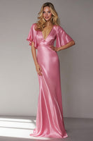 Load image into Gallery viewer, Pink Sheath V Neck Satin Long Wedding Guest Dress with Sleeves