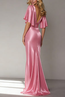 Pink Sheath V Neck Satin Long Wedding Guest Dress with Sleeves