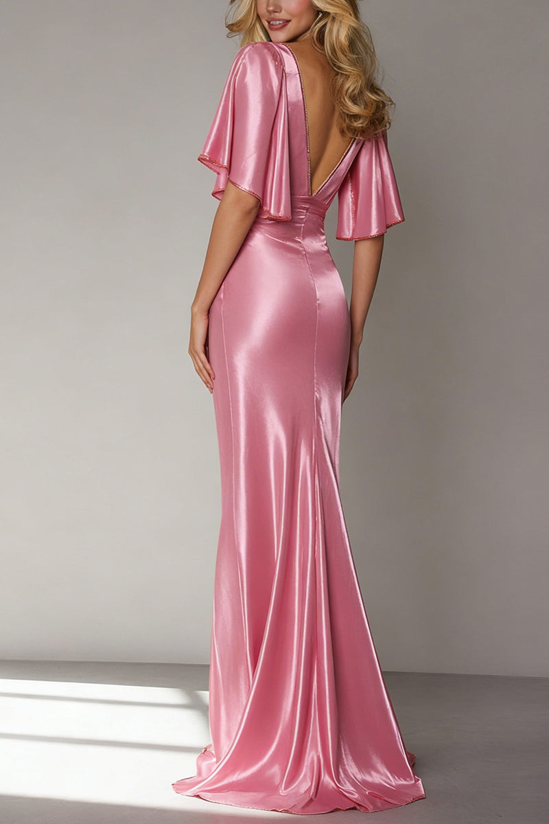 Load image into Gallery viewer, Pink Sheath V Neck Satin Long Wedding Guest Dress with Sleeves