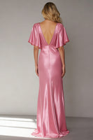 Load image into Gallery viewer, Pink Sheath V Neck Satin Long Wedding Guest Dress with Sleeves