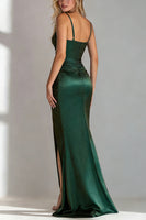Load image into Gallery viewer, Dark Green Mermaid Spaghetti Straps Ruched Long Wedding Guest Dress with Slit