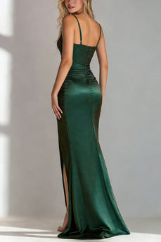 Dark Green Mermaid Spaghetti Straps Ruched Long Wedding Guest Dress with Slit