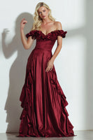 Load image into Gallery viewer, Burgundy Off the Shoulder Ruffled A Line Long Wedding Guest Dress