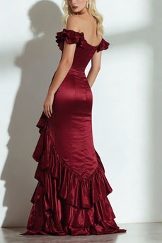 Burgundy Off the Shoulder Ruffled A Line Long Wedding Guest Dress