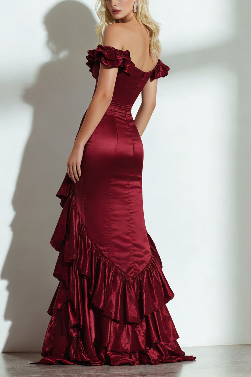 Load image into Gallery viewer, Burgundy Off the Shoulder Ruffled A Line Long Wedding Guest Dress