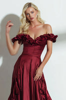 Load image into Gallery viewer, Burgundy Off the Shoulder Ruffled A Line Long Wedding Guest Dress