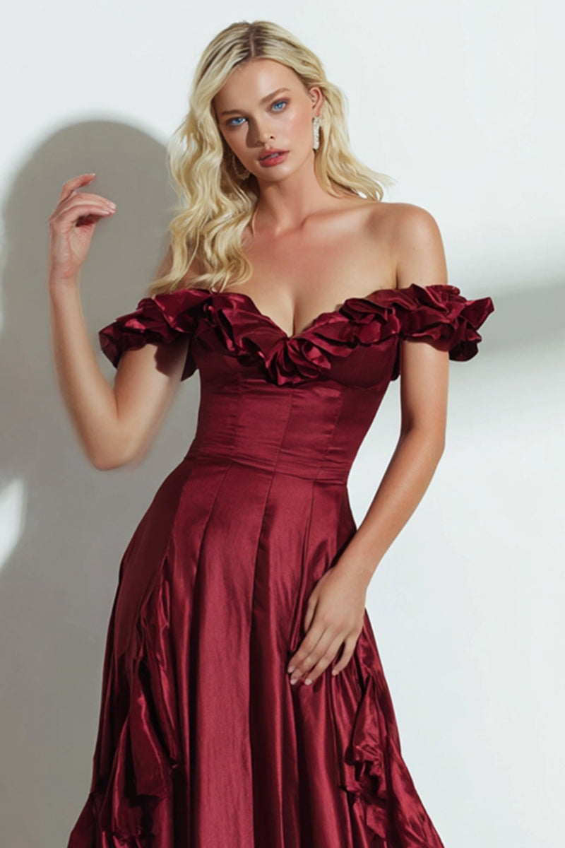 Load image into Gallery viewer, Burgundy Off the Shoulder Ruffled A Line Long Wedding Guest Dress