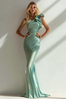 Load image into Gallery viewer, Navy One Shoulder Ruffled Mermaid Long Wedding Guest Dress