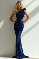 Load image into Gallery viewer, Navy One Shoulder Ruffled Mermaid Long Wedding Guest Dress