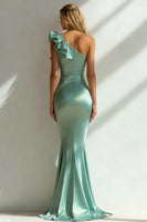 Load image into Gallery viewer, Navy One Shoulder Ruffled Mermaid Long Wedding Guest Dress