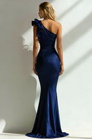 Load image into Gallery viewer, Navy One Shoulder Ruffled Mermaid Long Wedding Guest Dress
