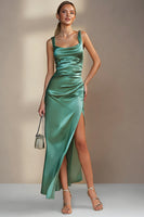 Load image into Gallery viewer, Emerald Green Satin Ruched Sheath Long Wedding Guest Dress with Slit