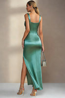 Load image into Gallery viewer, Emerald Green Satin Ruched Sheath Long Wedding Guest Dress with Slit