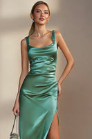 Load image into Gallery viewer, Emerald Green Satin Ruched Sheath Long Wedding Guest Dress with Slit