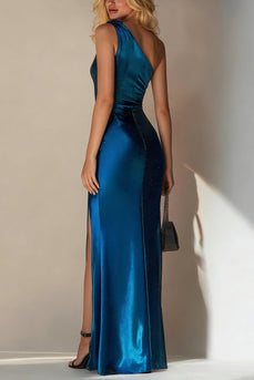 Royal Blue One Shoulder Sheath Long Wedding Guest Dress with Slit