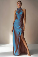 Load image into Gallery viewer, Electric Blue High Neck Sheath Backless Long Wedding Guest Dress with Slit