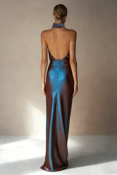 Electric Blue High Neck Sheath Backless Long Wedding Guest Dress with Slit