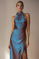 Load image into Gallery viewer, Electric Blue High Neck Sheath Backless Long Wedding Guest Dress with Slit