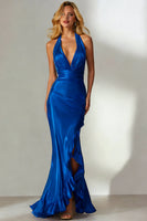 Load image into Gallery viewer, Royal Blue Mermaid Halter Neck Long Ruffled Wedding Guest Dress with Slit