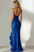 Load image into Gallery viewer, Royal Blue Mermaid Halter Neck Long Ruffled Wedding Guest Dress with Slit