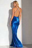 Load image into Gallery viewer, Royal Blue Cowl Neck Satin Mermaid Long Wedding Guest Dress