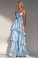 Load image into Gallery viewer, Light Blue Spaghetti Straps Tiered A Line Long Wedding Guest Dress