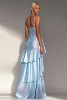 Load image into Gallery viewer, Light Blue Spaghetti Straps Tiered A Line Long Wedding Guest Dress