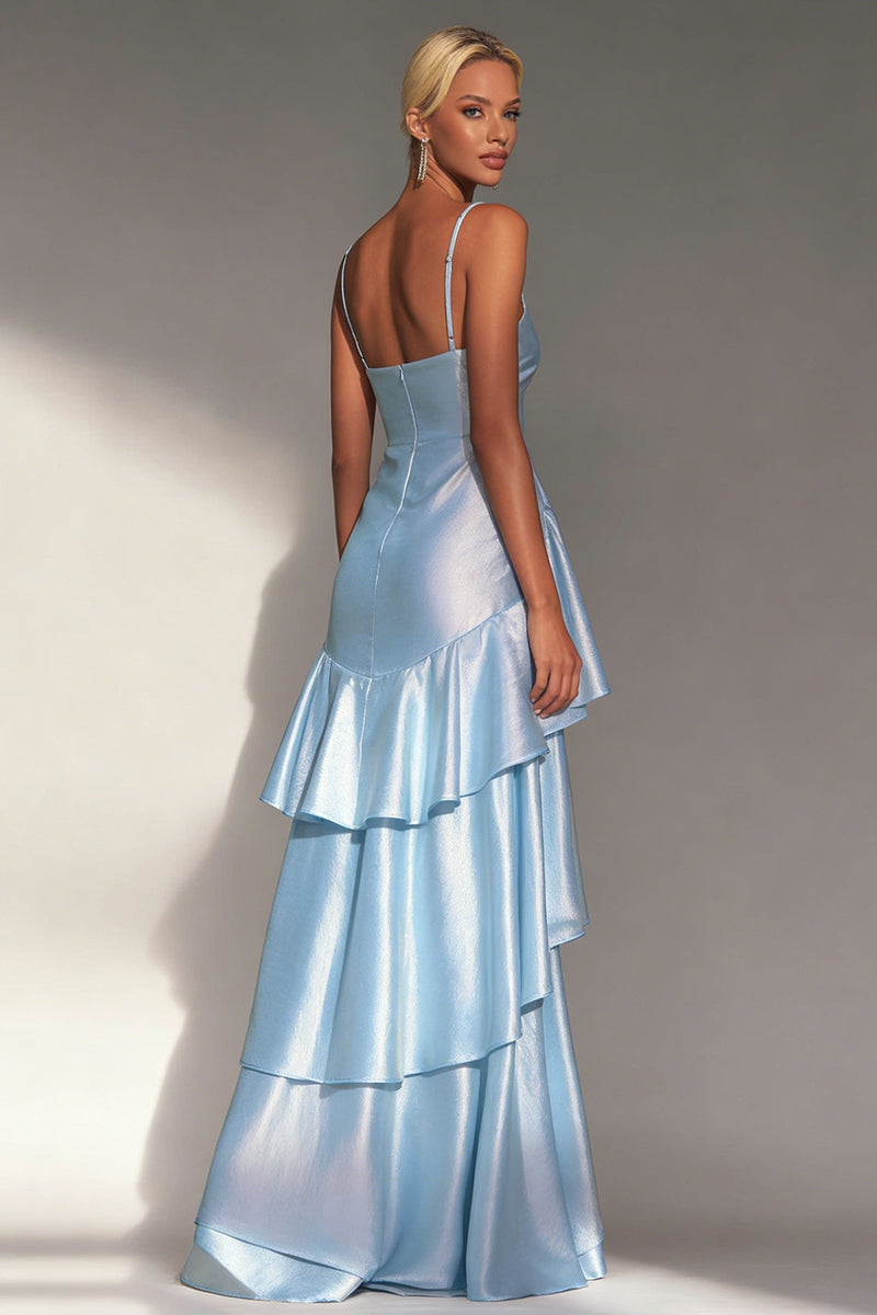 Load image into Gallery viewer, Light Blue Spaghetti Straps Tiered A Line Long Wedding Guest Dress