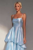 Load image into Gallery viewer, Light Blue Spaghetti Straps Tiered A Line Long Wedding Guest Dress