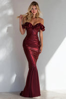 Load image into Gallery viewer, Burgundy Mermaid Off the Shoulder Long Wedding Guest Dress with Ruffles