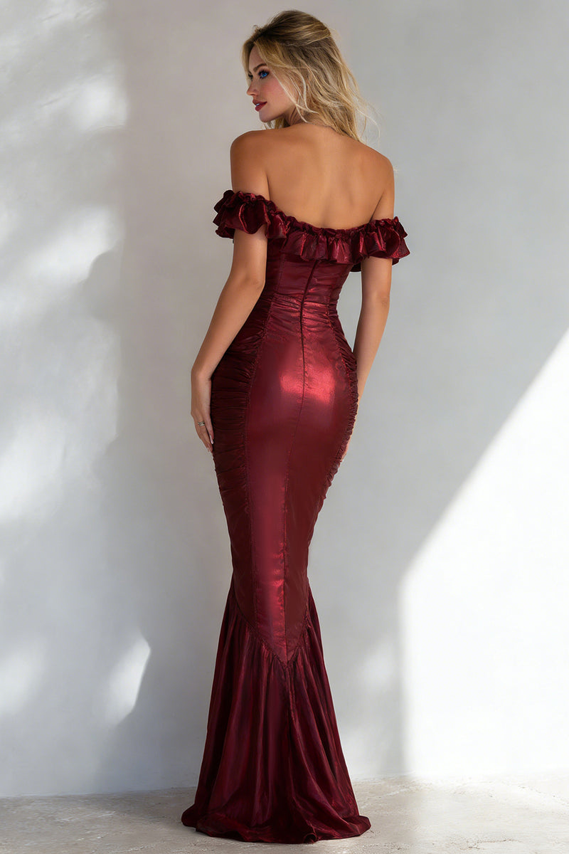 Load image into Gallery viewer, Burgundy Mermaid Off the Shoulder Long Wedding Guest Dress with Ruffles