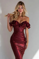 Load image into Gallery viewer, Burgundy Mermaid Off the Shoulder Long Wedding Guest Dress with Ruffles