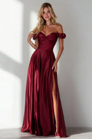 Load image into Gallery viewer, Burgundy A Line Off the Shoulder Long Wedding Guest Dress with Slit