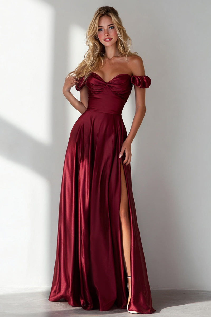 Load image into Gallery viewer, Burgundy A Line Off the Shoulder Long Wedding Guest Dress with Slit