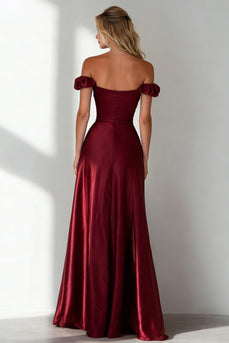 Burgundy A Line Off the Shoulder Long Wedding Guest Dress with Slit
