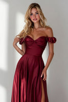 Load image into Gallery viewer, Burgundy A Line Off the Shoulder Long Wedding Guest Dress with Slit