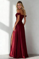 Load image into Gallery viewer, Burgundy A Line Off the Shoulder Long Wedding Guest Dress with Slit