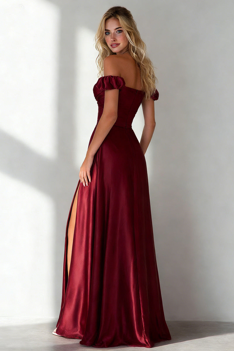 Load image into Gallery viewer, Burgundy A Line Off the Shoulder Long Wedding Guest Dress with Slit