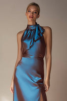 Load image into Gallery viewer, Electric Blue Sheath Ruffled High Neck Long Wedding Guest Dress with Slit