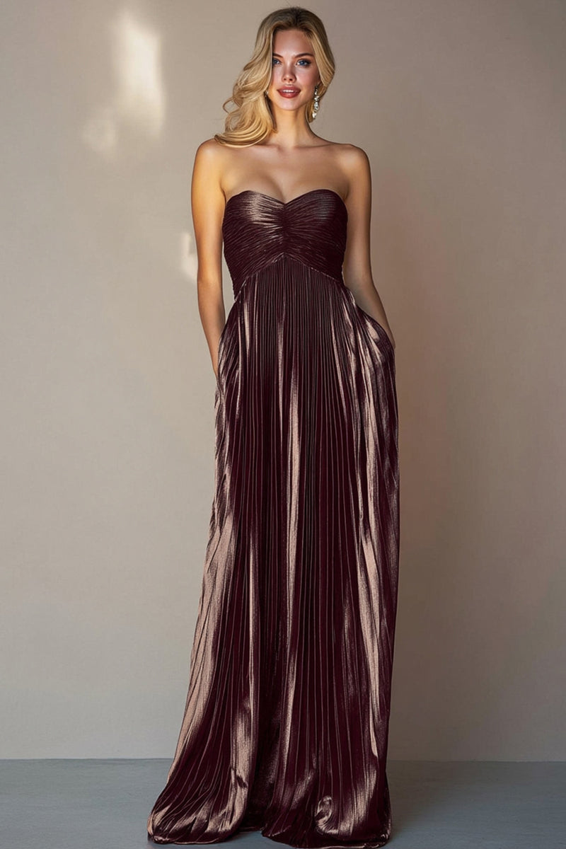 Load image into Gallery viewer, Metallic Coffee Strapless Pleated A Line Long Wedding Guest Dress