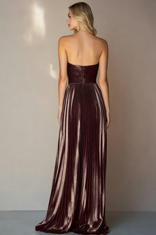 Metallic Coffee Strapless Pleated A Line Long Wedding Guest Dress