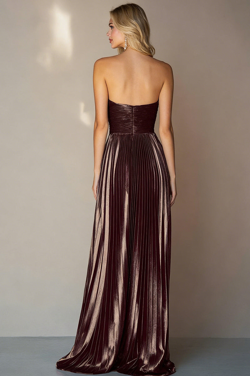Load image into Gallery viewer, Metallic Coffee Strapless Pleated A Line Long Wedding Guest Dress
