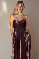 Load image into Gallery viewer, Metallic Coffee Strapless Pleated A Line Long Wedding Guest Dress