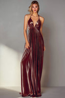Load image into Gallery viewer, Coffee V Neck Pleated Backless Long Wedding Guest Dress