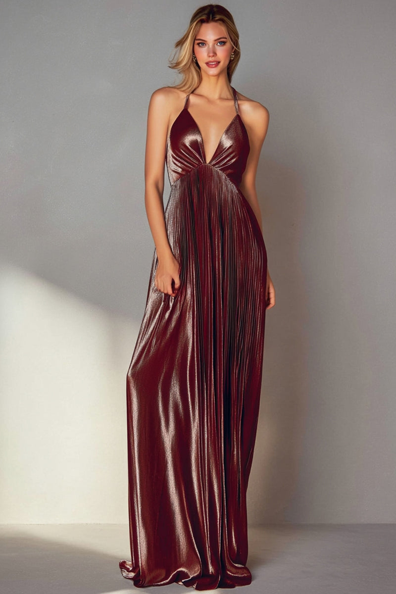 Load image into Gallery viewer, Coffee V Neck Pleated Backless Long Wedding Guest Dress