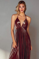 Load image into Gallery viewer, Coffee V Neck Pleated Backless Long Wedding Guest Dress