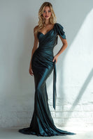 Load image into Gallery viewer, Dark Green One Shoulder Long Mermaid Wedding Guest Dress with Side Cape