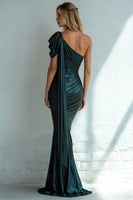 Load image into Gallery viewer, Dark Green One Shoulder Long Mermaid Wedding Guest Dress with Side Cape