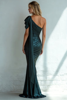 Dark Green One Shoulder Long Mermaid Wedding Guest Dress with Side Cape